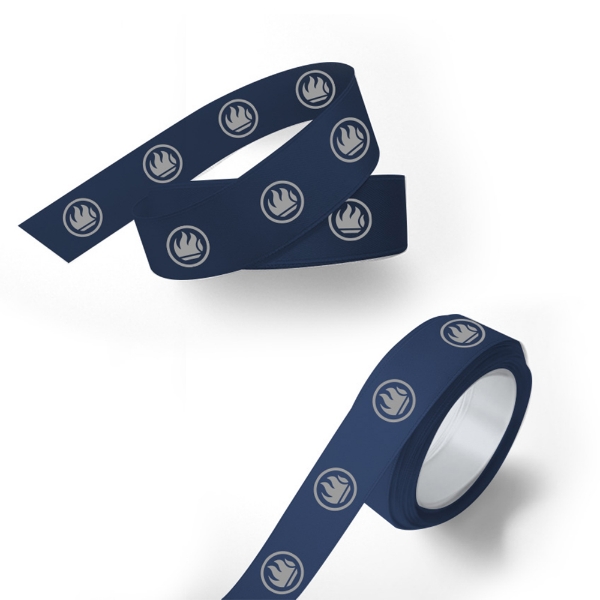 Picture of Navy Satin Ribbon With Silver Flame Print 10 Metre Roll